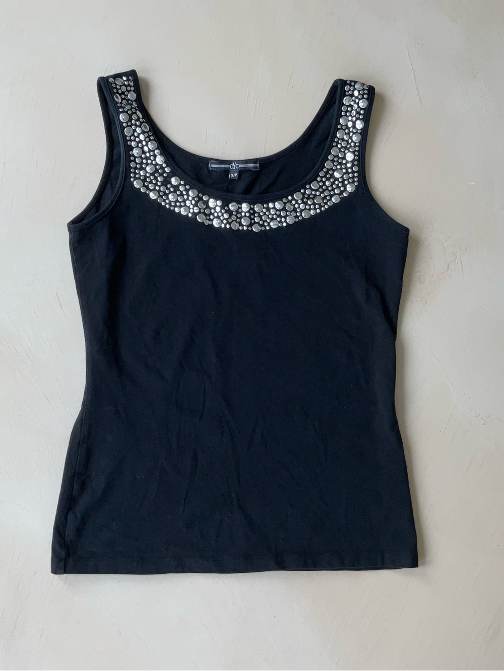 Y2K black tank top with silver stud design